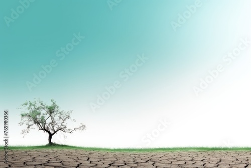 A solitary tree with green leaves stands on cracked earth, a stark contrast of life and aridity. Solitary Tree on Cracked Earth Background
