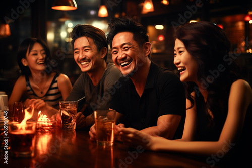Young men of Asian appearance, partying and drinking at a bar, merrily discussing an interesting topic photo
