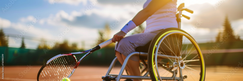 Disabled wheelchair athlete playing tennis. Inclusive adaptive sport concept. Tennis player with disability preparing to serve. Diversity & representation. Paralympian training. Copy space - obrazy, fototapety, plakaty 