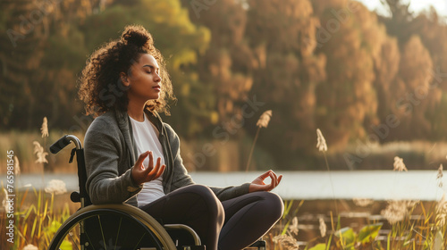 Happy disabled mixed race woman in wheelchair meditating practicing wellness yoga meditation by lake in nature outside. Inclusion and diversity in yoga fitness & wellness industry, copy space for text