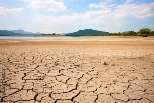 Vast cracked soil foreground with a hint of water and greenery in the distance under a blue sky. Desolate Landscape: Dry Cracked Soil and Distant Water