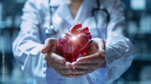 Glowing human heart in hands doctor. a naturalistic model of a Human Heart: A Detailed Medical Illustration