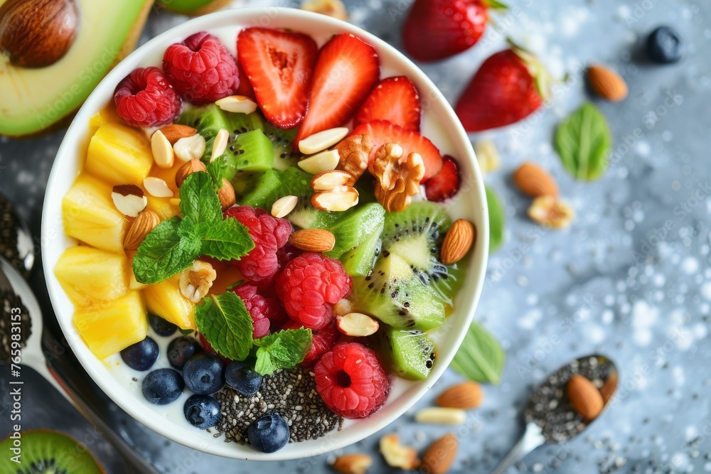 Healthy breakfast bowl with oatmeal, berries and fruits on table,top view