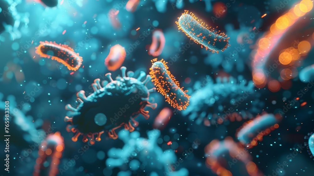 3D rendering of abstract virus and bacteria cells, medical background illustration 3D rendering of abstract virus and bacteria cells, medical background illustration