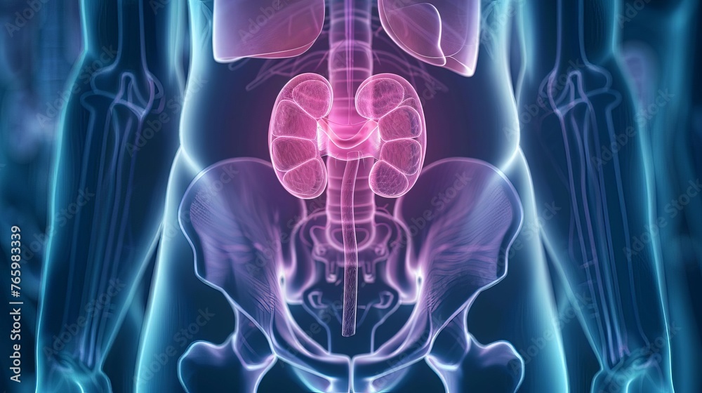 3D rendering of human urinary system, kidneys and bladder anatomy medical illustration - obrazy, fototapety, plakaty 