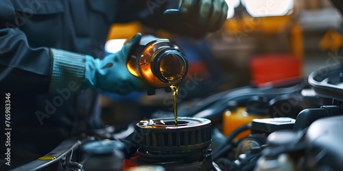 Photo of a mechanic pouring motor oil into a car engine ensuring optimal performance and longevity. Concept Car Maintenance, Motor Oil, Mechanic Service, Vehicle Performance, Engine Care