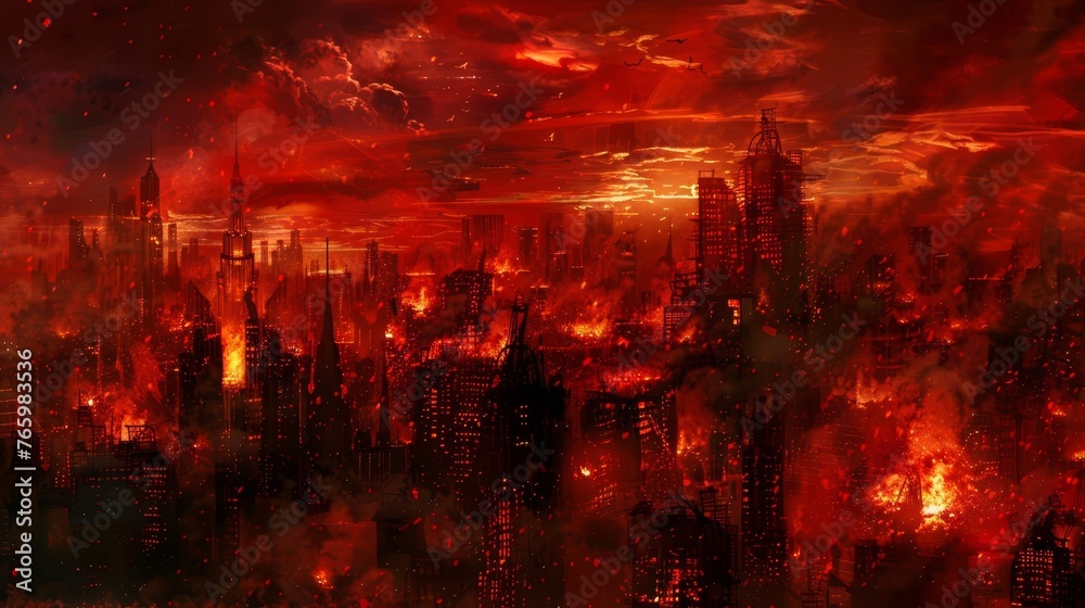 Apocalyptic city on fire at night, burning buildings, dark red sky, digital painting