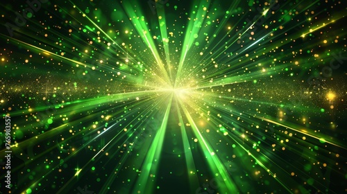 Asymmetric green light burst on dark background, sparkling golden rays, abstract illustration