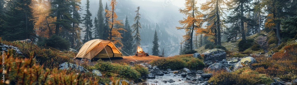 A camping site in the heart of the forest with a tent - obrazy, fototapety, plakaty 
