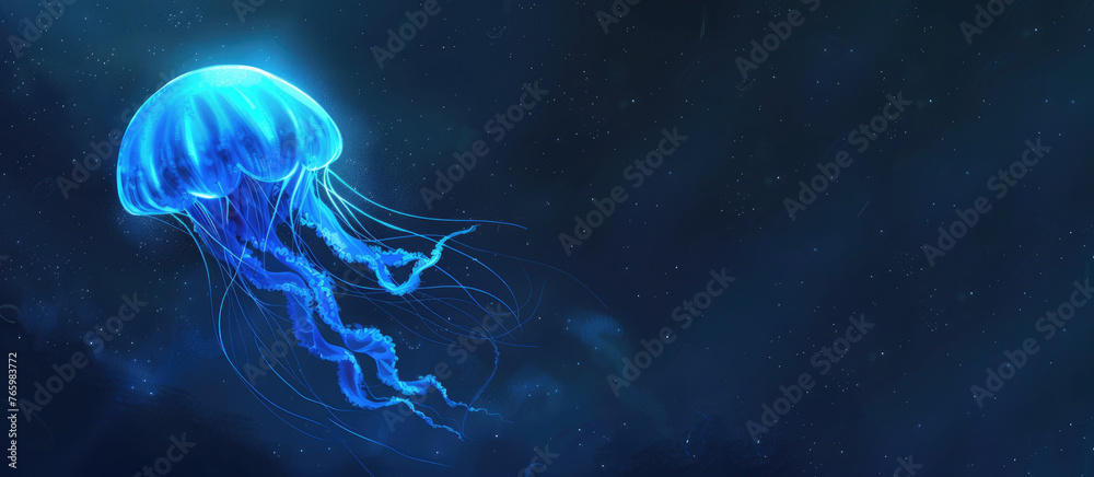 light blue jelly fish swimming in sea, dark background, banner with copy space