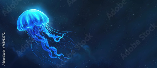 light blue jelly fish swimming in sea, dark background, banner with copy space © Elena