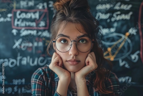 female in glasses on math board background