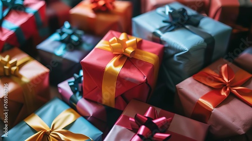Colorful pile of wrapped presents, festive gift boxes, holiday celebration concept