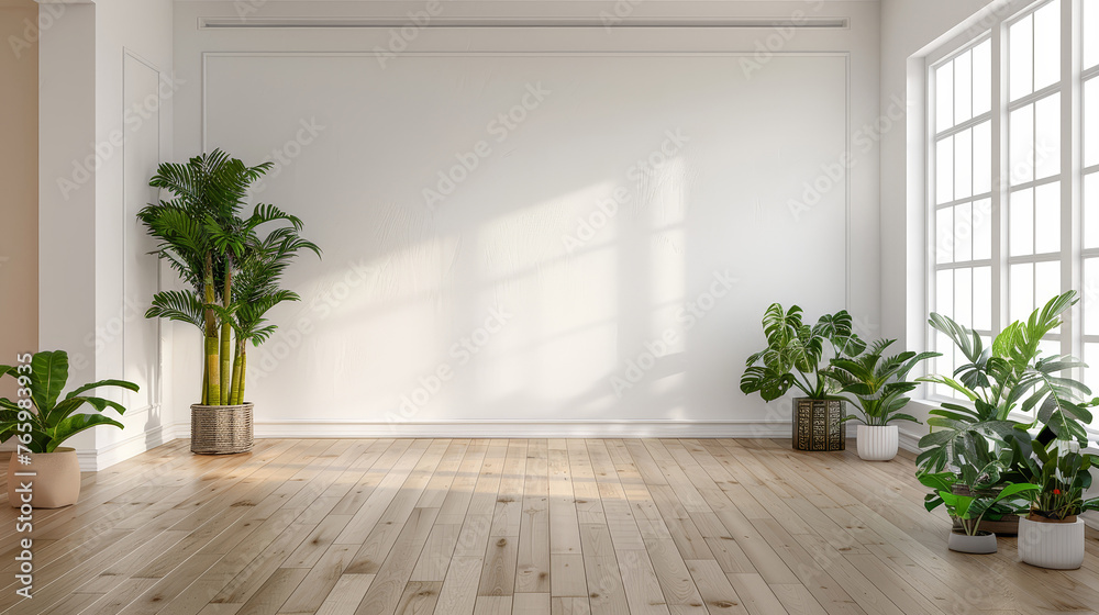 Fototapeta premium Empty bright room with wooden floor and indoor plants.