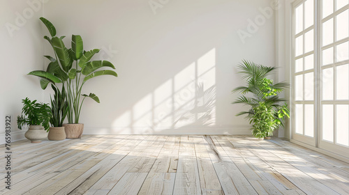 Empty bright room with wooden floor and indoor plants.
