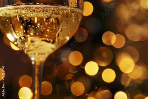 A close-up of a wine glass filled with sparkling wine, bubbles rising to the surface, set against a blurred background