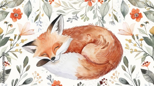 Dreamy watercolor illustration of a sleeping fox surrounded by gentle floral elements