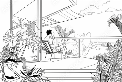Wide angle, black and white line drawing of a man enjoying a cup of coffee on his lanai while looking out onto a tropical garden