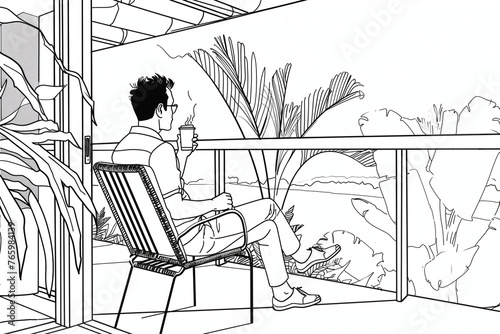 Black and white line drawing of a man enjoying a cup of coffee on his lanai while looking out onto a tropical garden
