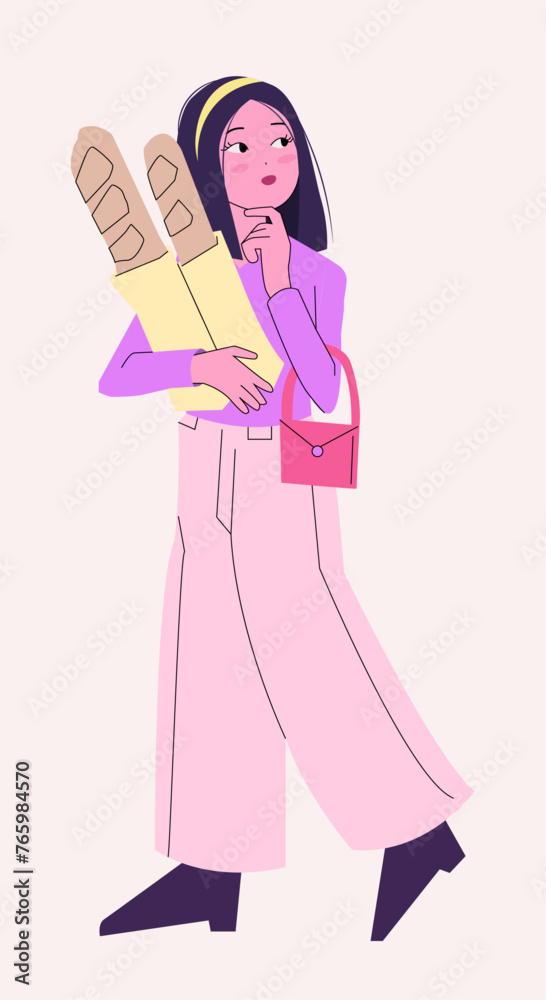 Girl with bread thinking or looking away. Character concept. Woman. Vector. Hand Drawn. Girl with bread thinking or looking away. Character concept. Woman. Vector. Hand Drawn.