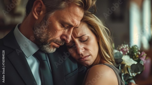 Husband comforting wife at funeral, supporting her in grief and mourning loss