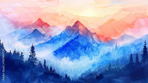 Majestic Mountain Sunrise, Ethereal Landscape Watercolor Illustration