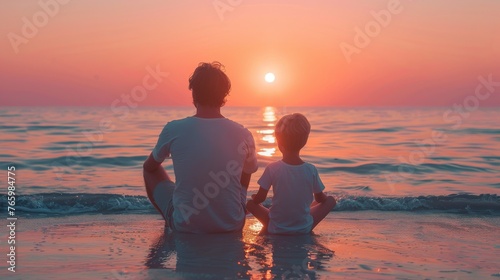 Father and kids watching sunset on beach minimalist