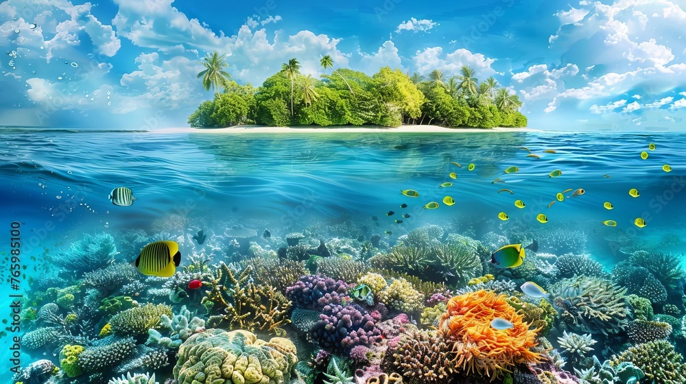 Split view of tropical island and coral reef, underwater seascape digital art - obrazy, fototapety, plakaty 