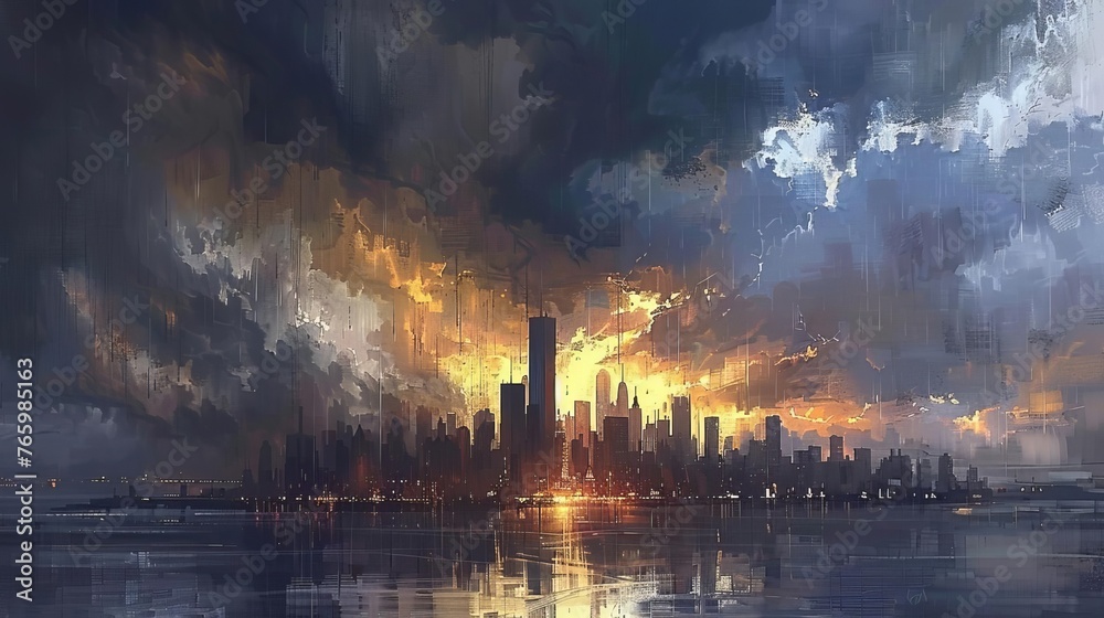 Stormy city skyline, dramatic weather urban landscape digital painting
