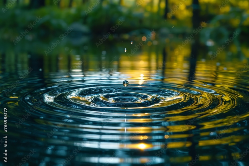Single water droplet falls, creating concentric ripples on the reflective water surface with golden hues from the surrounding vegetation - obrazy, fototapety, plakaty 