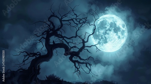 Spooky silhouette of gnarled tree against massive full moon, eerie night sky illustration