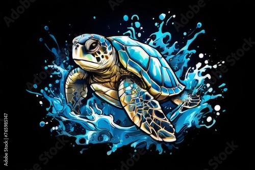 Turtle swimming in ocean, peacefully navigates its underwater world. For Tshirt design, fashion, clothing design, posters, postcards, other merchandise with marine theme, childrens books, tourism.