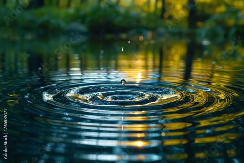 Single water droplet falls, creating concentric ripples on the reflective water surface with golden hues from the surrounding vegetation
