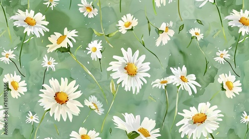 Watercolor chamomile pattern, decorative floral illustration on green background