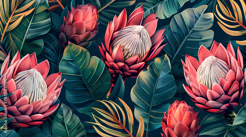 Tropical exotic seamless pattern with protea flowers in tropical leaves. a hand-drawn illustration