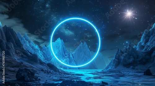 3D render of an abstract blue neon ring portal glowing over a futuristic rocky mountain landscape under a starry night sky