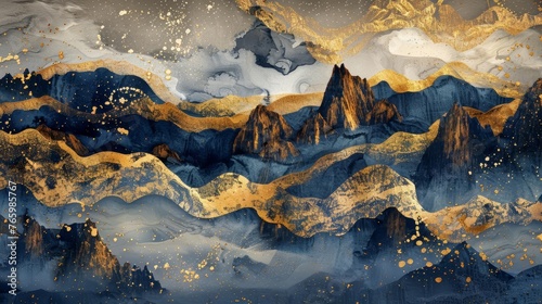 Abstract Artistic Chinese-Style Landscape Painting with Golden Textures and Ink