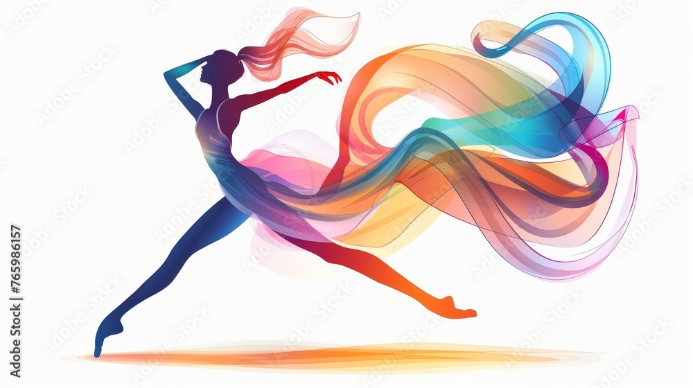 Elegant ballerina dancing with colorful flowing ribbon, graceful performance art illustration Elegant ballerina dancing with colorful flowing ribbon, graceful performance art illustration