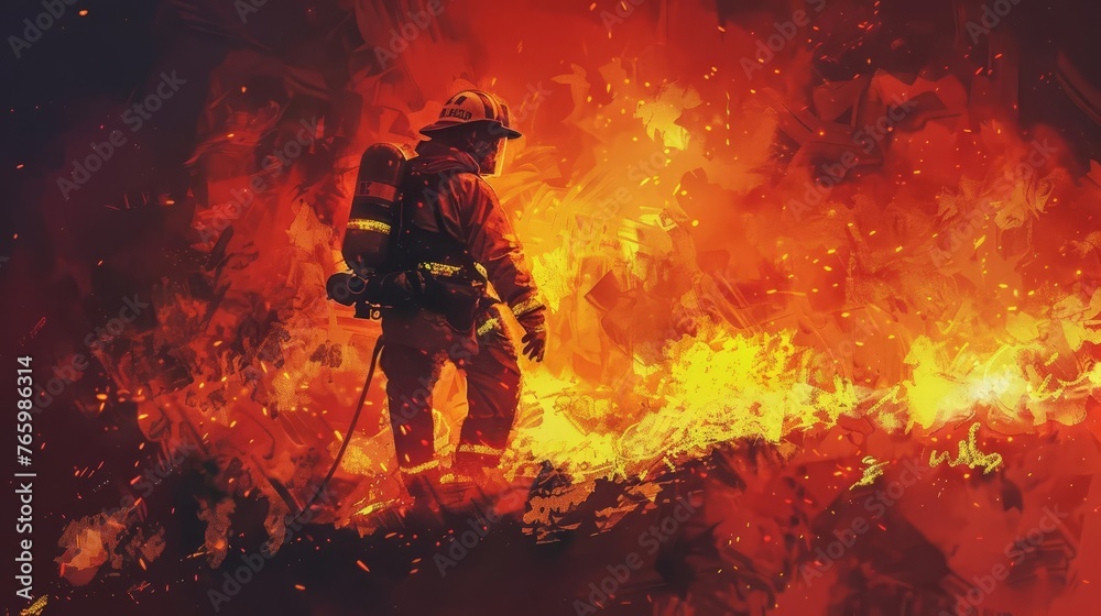Firefighter searching for survivors in blazing inferno digital painting