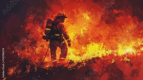 Firefighter searching for survivors in blazing inferno digital painting