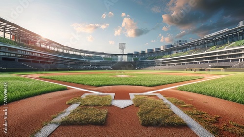 Grand baseball stadium field diamond viewed in daylight  showcasing a modern public sports building in a 3D rendered background