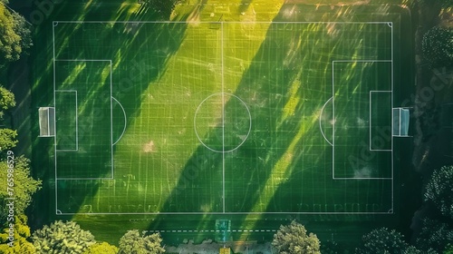 Green soccer field with ball in center ready for kickoff aerial view