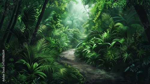 Jungle road winding through lush green rainforest  digital nature illustration