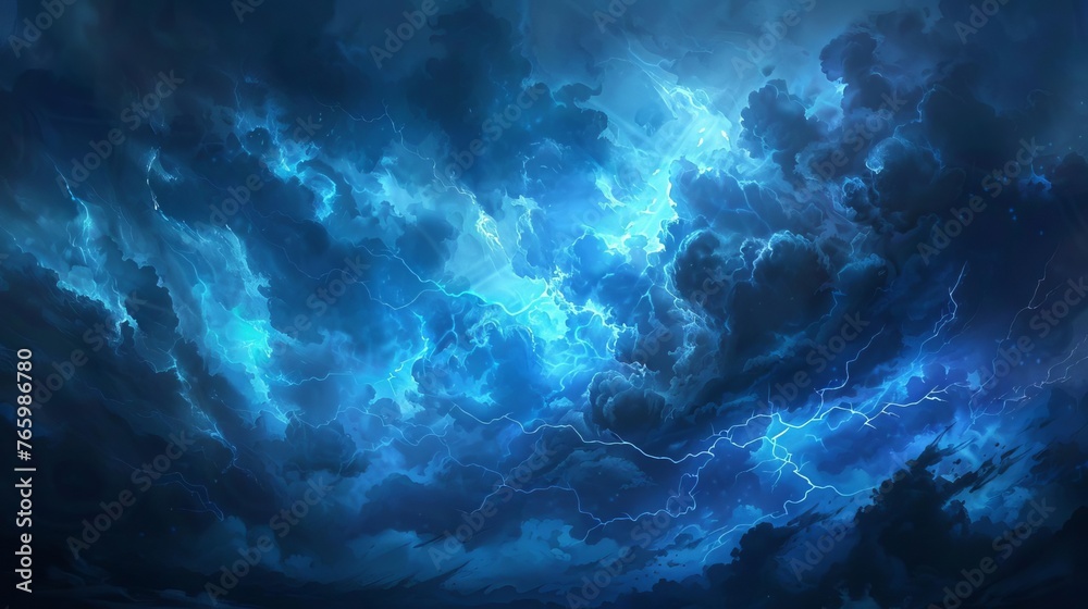 Mysterious Blue Fantasy Lightning, Dramatic Stormy Sky, Digital Painting