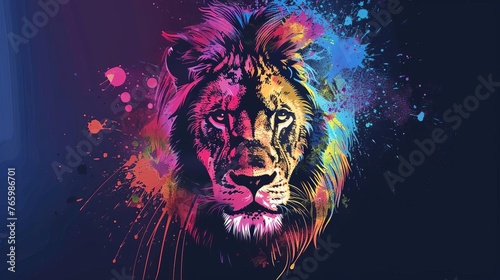 Majestic lion portrait with crown of colorful paint splatters  powerful concept illustration