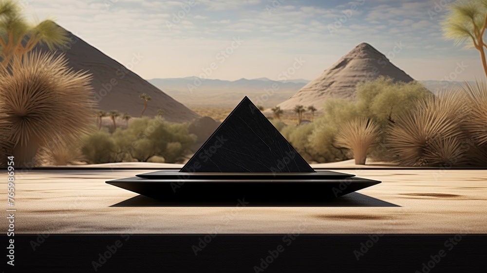 Empty product podium with black pyramid matte set against rock garden with raked sand patterns around