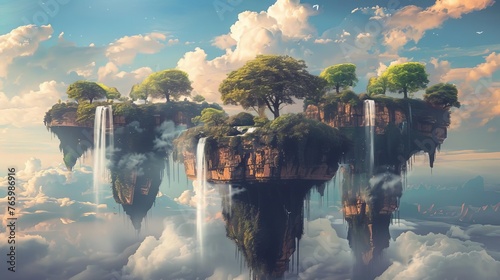 Surreal floating islands with waterfalls and lush vegetation  dreamlike fantasy landscape illustration