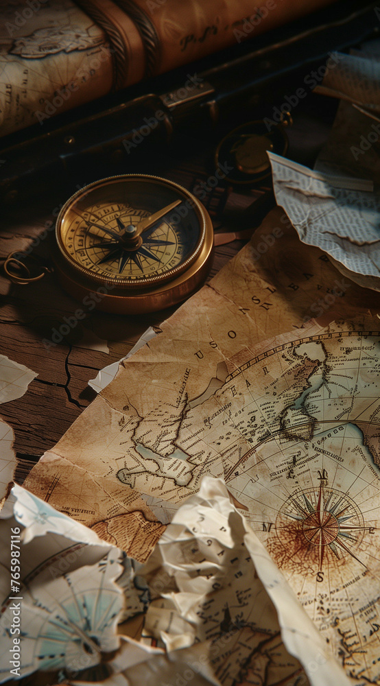 Fototapeta premium Vintage style map with ancient landmarks and travel symbols, an old compass on the table beside it, and crumpled papers symbolizing lost maps or documents in front of them, creating an atmosphere fill