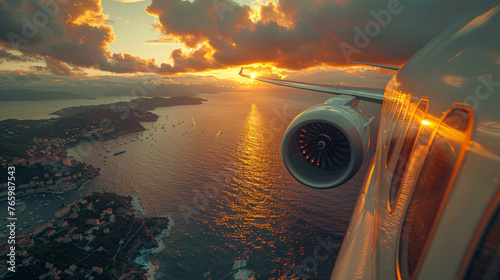 pov of an aircraft flying over the sea and land, view of the turbine and wing 