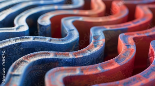 A detailed macro photograph showcasing the intricate textures and vivid contrast of blue and red hues on coiled industrial materials.